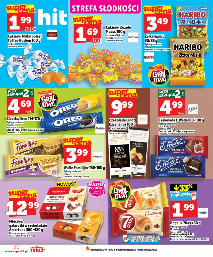 Gazetka promocyjna Topaz - Gazetka - ważna 23.04 do 29.04.2026 - strona 20 - produkty: Cukier, Cukierki, Czekolada, Fa, Gala, Galaretki, Haribo, Kokos, Lindt, Mleczko, Mus, Top, Wafle