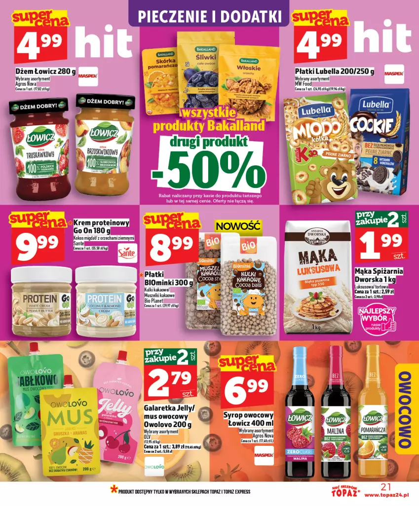 Gazetka promocyjna Topaz - Gazetka - ważna 23.04 do 29.04.2026 - strona 21 - produkty: Bell, Bella, Dżem, Gala, Galaretka, Kakao, Kokos, Lubella, Mąka, Mus, Piec, Sante, Top