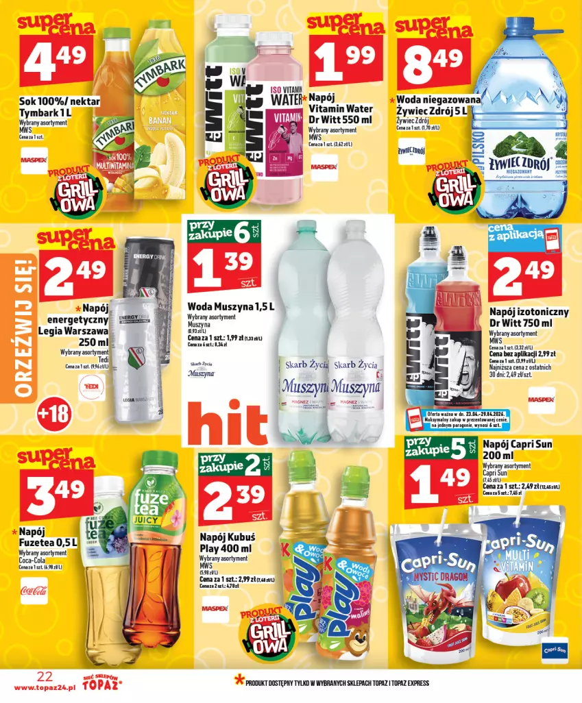 Gazetka promocyjna Topaz - Gazetka - ważna 23.04 do 29.04.2026 - strona 22 - produkty: Coca-Cola, Kubek, Mus, Napój, Napój izotoniczny, Szyna, Top, Tymbark, Woda
