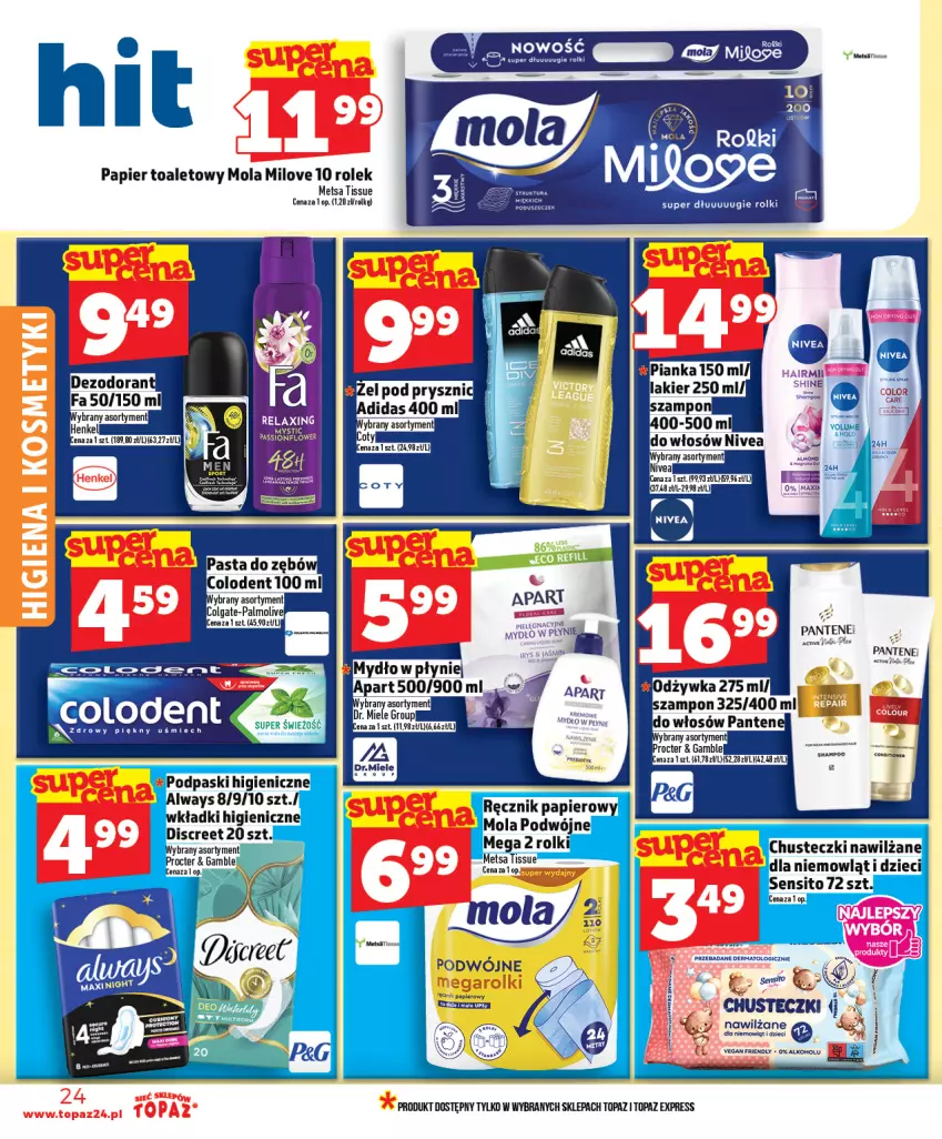Gazetka promocyjna Topaz - Gazetka - ważna 23.04 do 29.04.2026 - strona 24 - produkty: Adidas, Chusteczki, Dzieci, LG, Mola, Mydło, Nivea, Palmolive, Pantene, Papier, Papier toaletowy, Rolki, Top