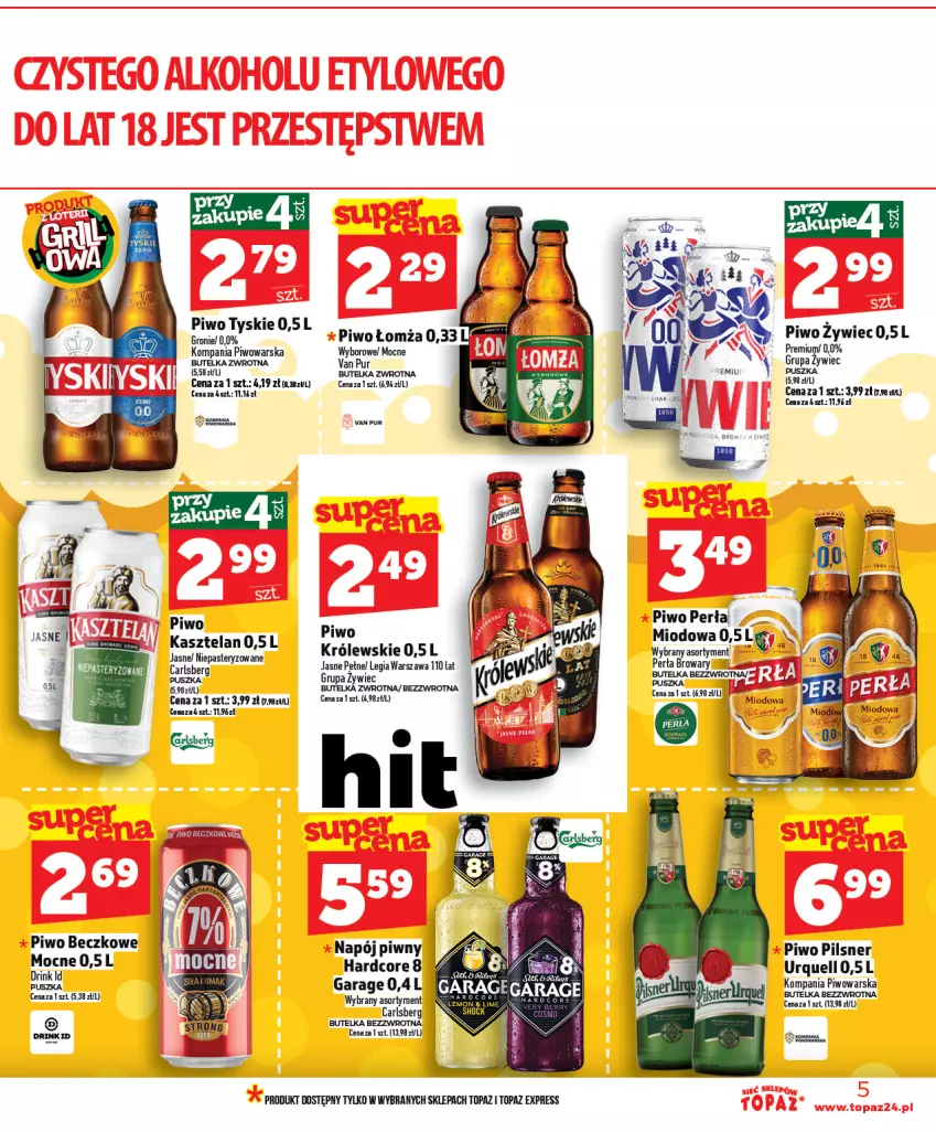 Gazetka promocyjna Topaz - Gazetka - ważna 23.04 do 29.04.2026 - strona 5 - produkty: Carlsberg, Kasztelan, Królewski, Napój, Perła, Pilsner Urquell, Piwo, Pur, Top, Tyskie