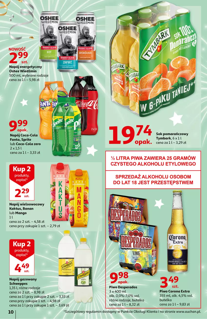 Gazetka promocyjna Auchan - Przywitaj Nowy Rok w dobrym stylu Hipermarkety - ważna 27.12 do 31.12.2021 - strona 10 - produkty: Coca-Cola, Corona Extra, Desperados, Fa, Fanta, Gra, Kaktus, Mango, Napój, Napój energetyczny, Napój gazowany, Oshee, Piwa, Piwo, Rama, Schweppes, Sok, Sok pomarańczowy, Sprite, Tymbark