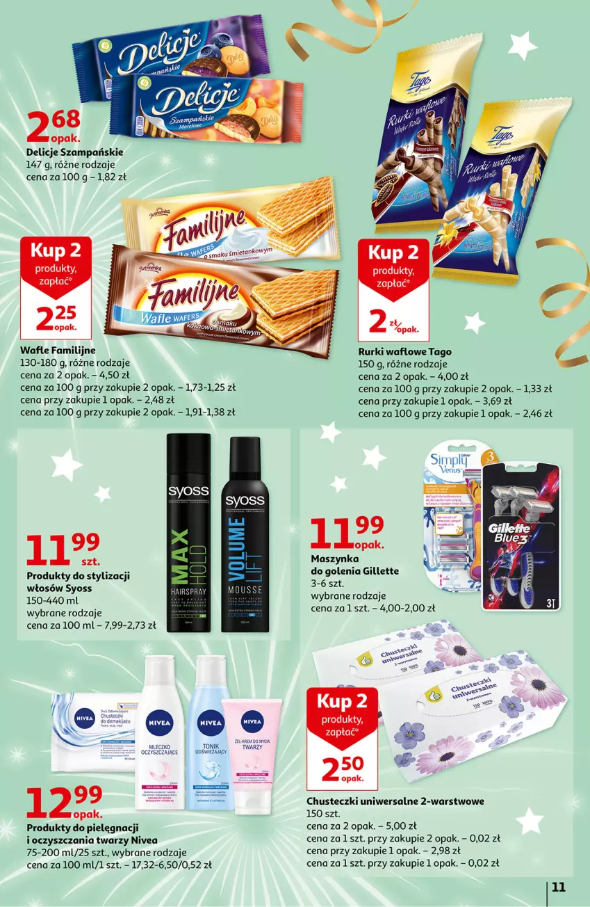 Gazetka promocyjna Auchan - Przywitaj Nowy Rok w dobrym stylu Hipermarkety - ważna 27.12 do 31.12.2021 - strona 11 - produkty: Chusteczki, Delicje, Fa, Gillette, Maszynka, Mleczko, Nivea, Rurki, Syoss, Szynka, Tago, Tonik, Wafle