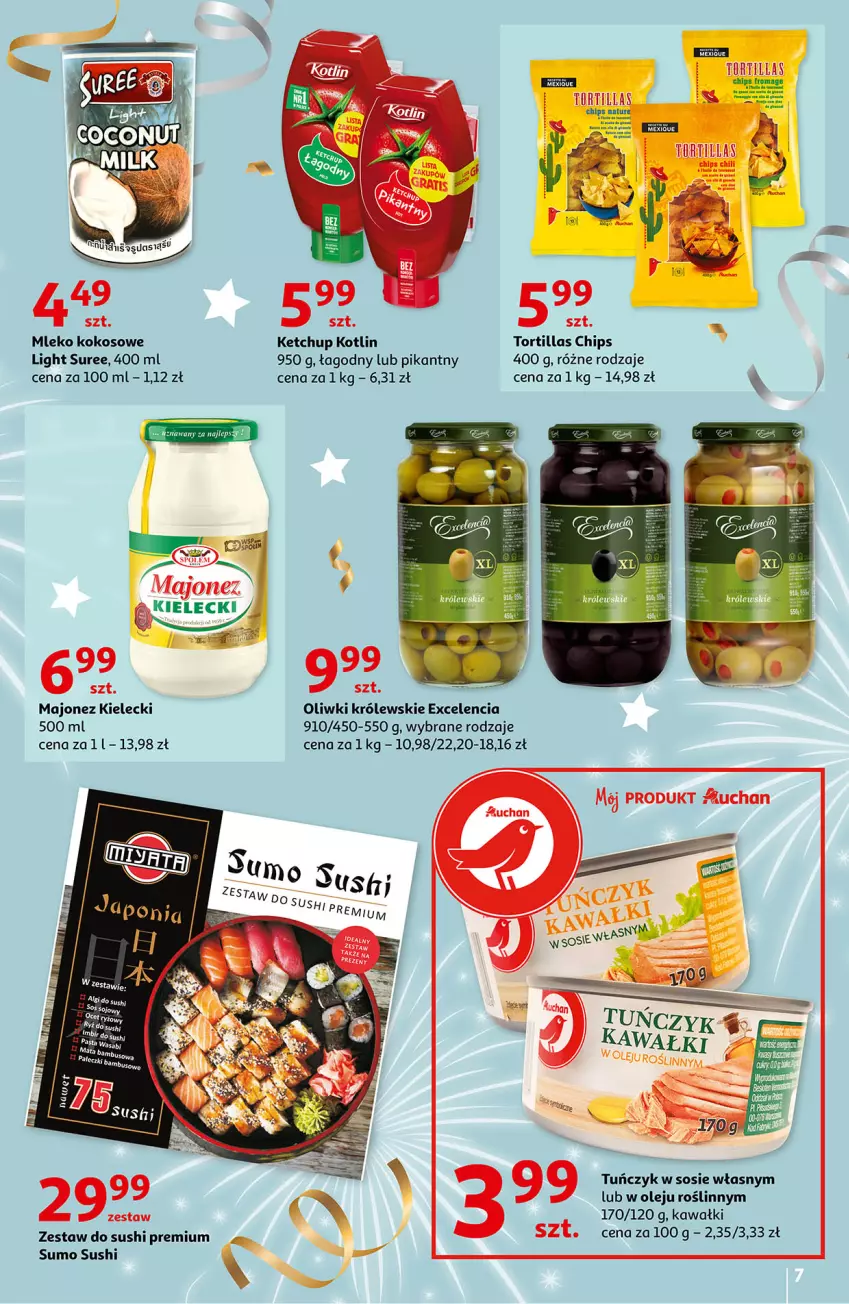 Gazetka promocyjna Auchan - Przywitaj Nowy Rok w dobrym stylu Hipermarkety - ważna 27.12 do 31.12.2021 - strona 7 - produkty: Kawa, Ketchup, Kokos, Kotlin, Królewski, Majonez, Mleko, Mleko kokosowe, Olej, Oliwki, Sos, Sushi, Tortilla, Tuńczyk, Zestaw do sushi