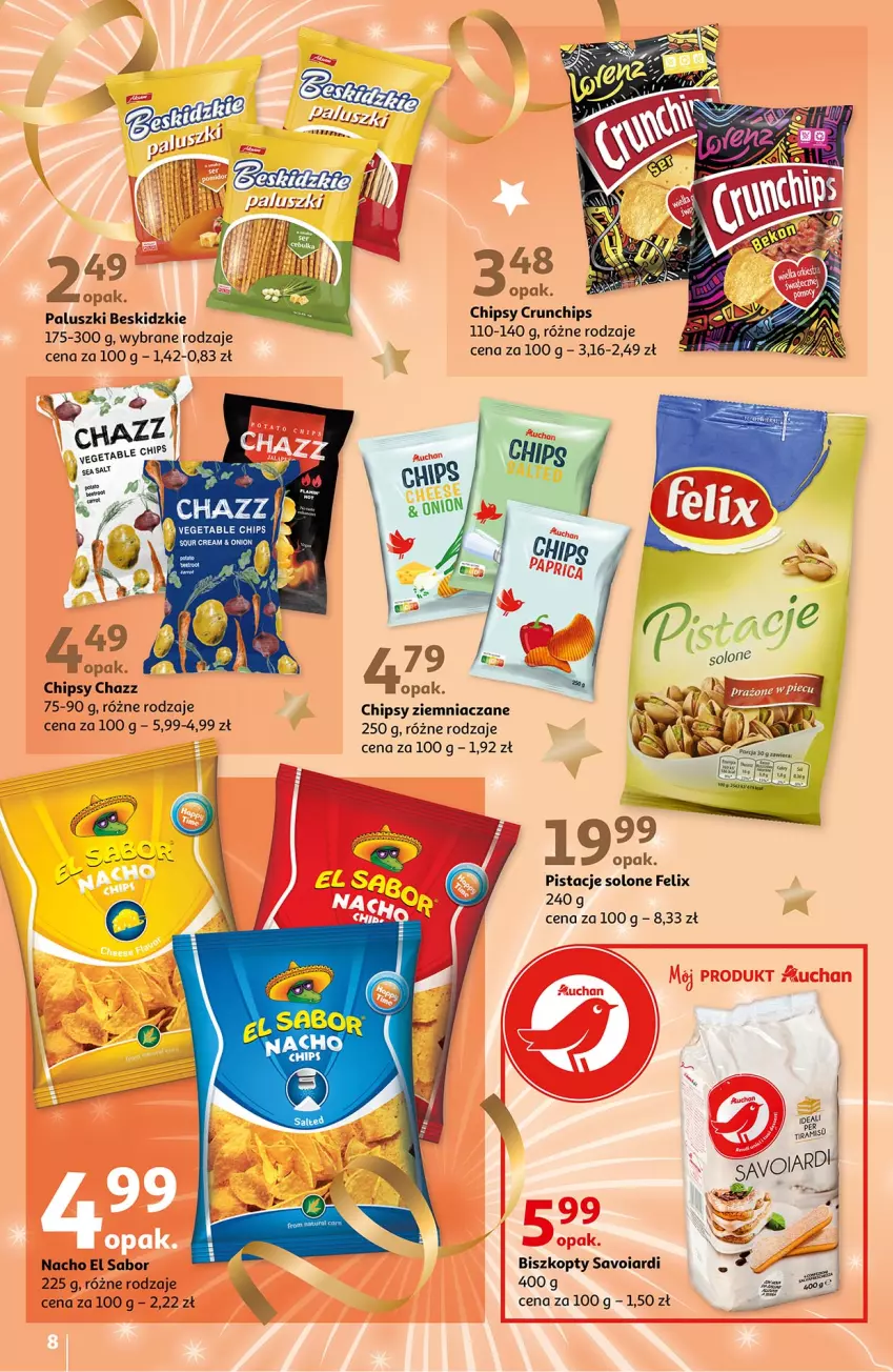 Gazetka promocyjna Auchan - Przywitaj Nowy Rok w dobrym stylu Hipermarkety - ważna 27.12 do 31.12.2021 - strona 8 - produkty: Beskidzki, Biszkopty, Chipsy, Crunchips, Felix, Pistacje, Vegeta