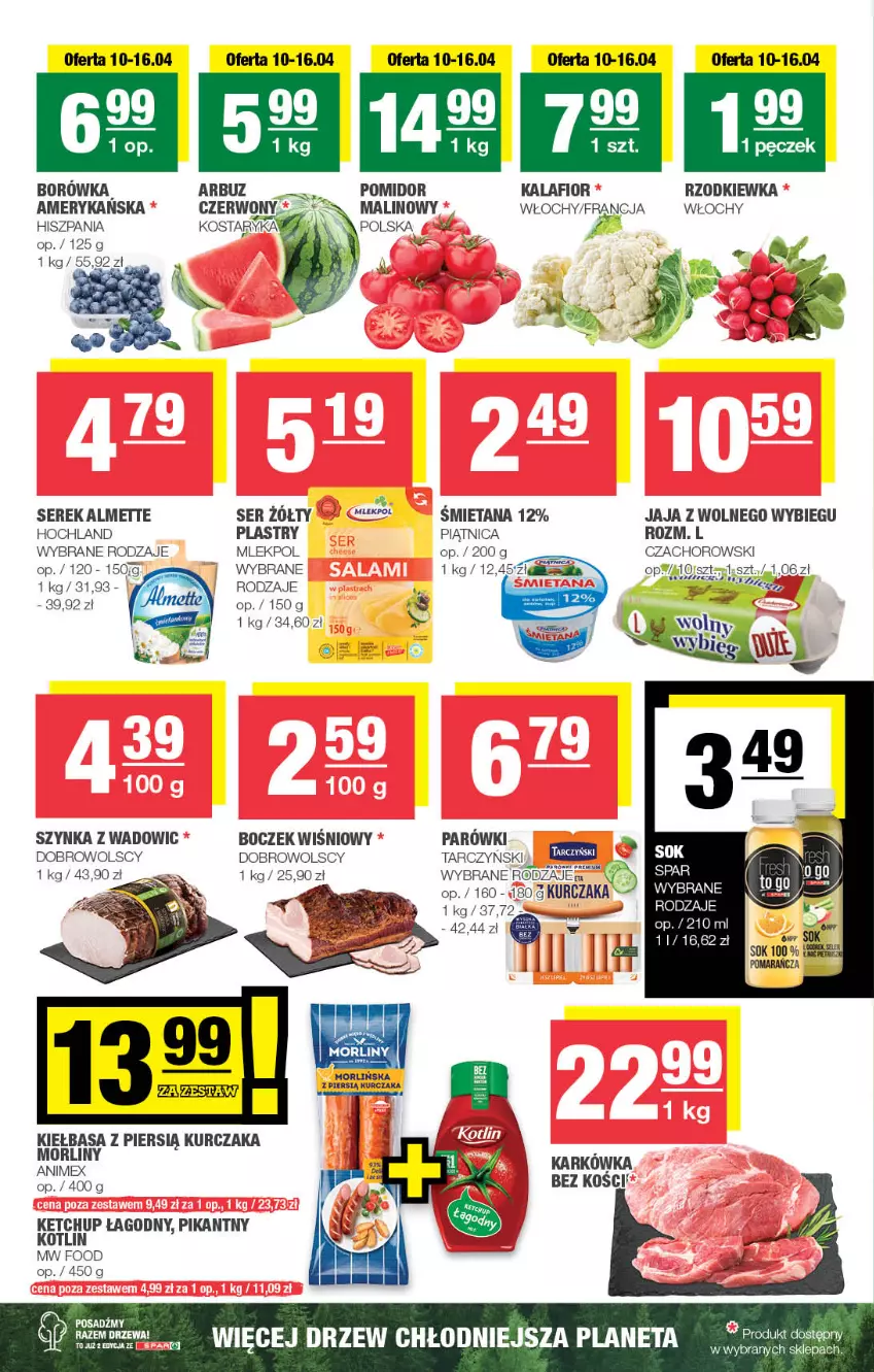 Gazetka promocyjna Spar - Spar-Mini - ważna 07.04 do 17.04.2024 - strona 2 - produkty: Almette, Arbuz, Boczek, Borówka, Hochland, Jaja, Jaja z wolnego wybiegu, Kalafior, Ketchup, Kiełbasa, Kotlin, Kurczak, Morliny, Mus, Parówki, Piątnica, Rzodkiewka, Ser, Serek, Szynka, Tarczyński