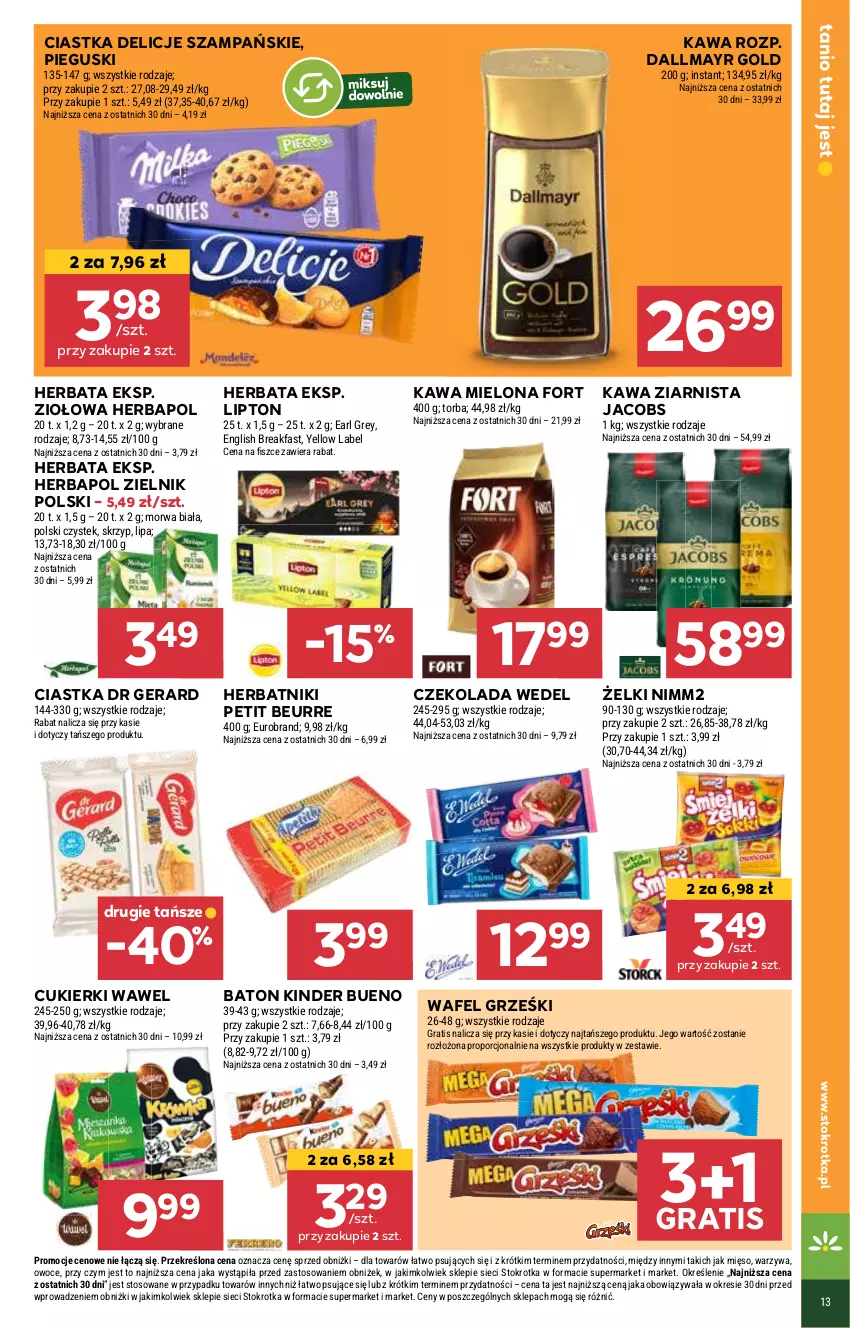 Gazetka promocyjna Stokrotka - Supermarket - ważna 13.03 do 19.03.2025 - strona 13 - produkty: Baton, Ciastka, Cukier, Cukierki, Czekolada, Dallmayr, Delicje, Dr Gerard, Fa, Gra, Grześki, Herbapol, Herbata, Herbatniki, Herbatniki Petit Beurre, Jacobs, Kawa, Kawa mielona, Kawa ziarnista, Kinder, Kinder Bueno, Lipton, Mięso, Nimm2, Owoce, Por, Stek, Torba, Warzywa, Wawel