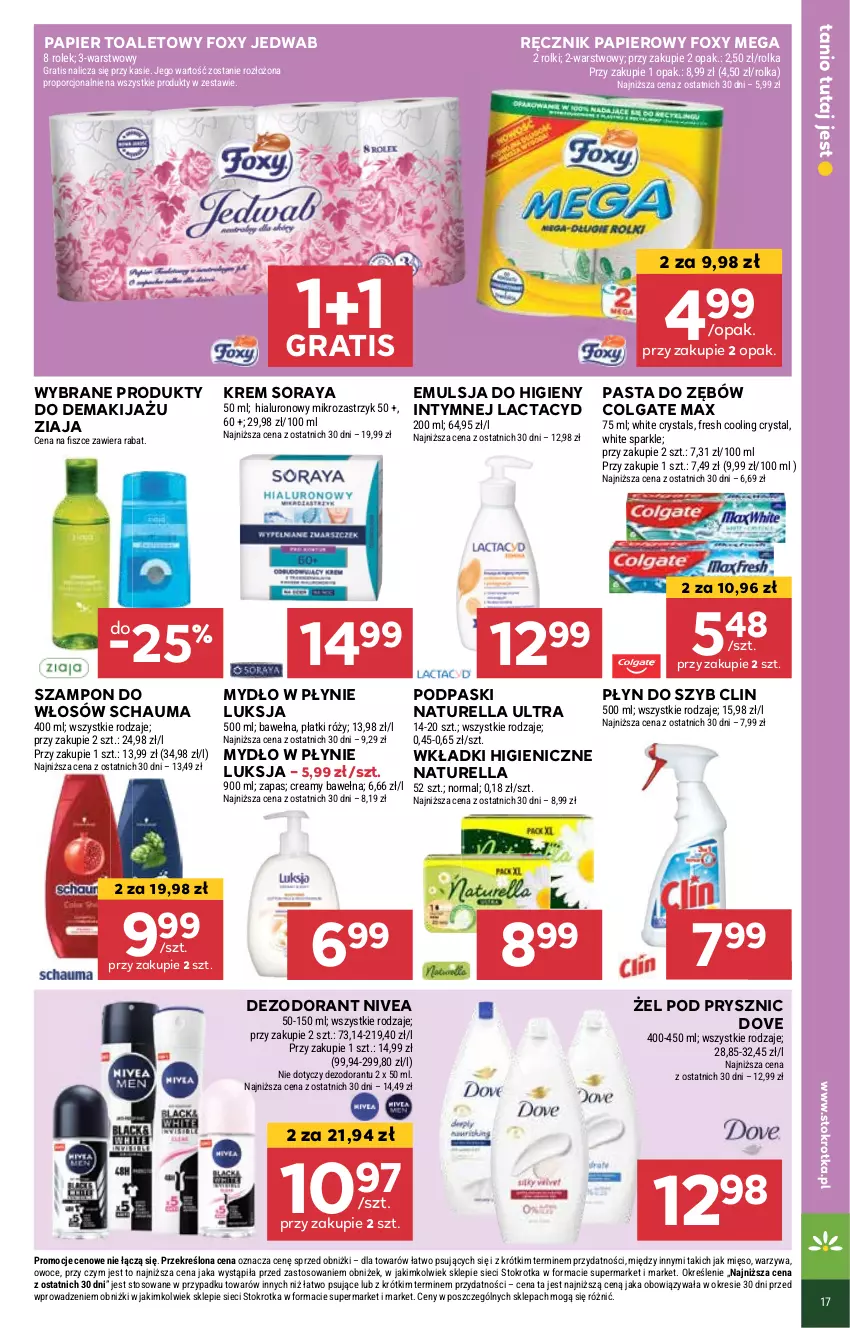 Gazetka promocyjna Stokrotka - Supermarket - ważna 13.03 do 19.03.2025 - strona 19 - produkty: Clin, Colgate, Dezodorant, Dove, Emulsja, Foxy, Gra, Lactacyd, LG, Luksja, Makijaż, Mięso, Mydło, Mydło w płynie, Naturell, Naturella, Nivea, Owoce, Papier, Papier toaletowy, Pasta do zębów, Płyn do szyb, Podpaski, Por, Ręcznik, Rolki, Schauma, Szampon, Warzywa, Wełna, Wkładki, Ziaja