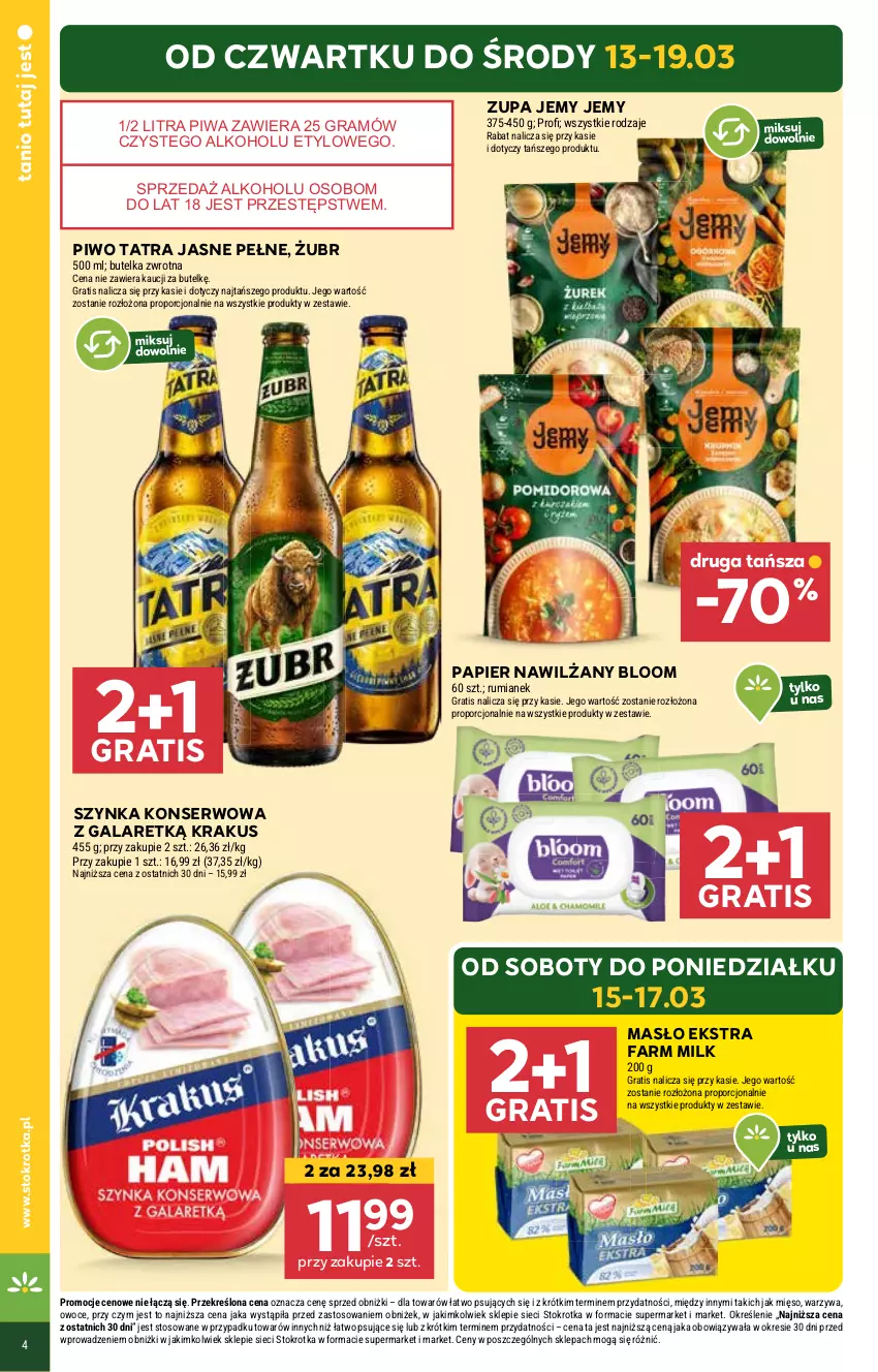 Gazetka promocyjna Stokrotka - Supermarket - ważna 13.03 do 19.03.2025 - strona 4 - produkty: Fa, Farm Milk, Gala, Gra, Krakus, Masło, Mięso, Owoce, Papier, Piwa, Piwo, Por, Rum, Ser, Szynka, Szynka konserwowa, Tatra, Warzywa, Zupa