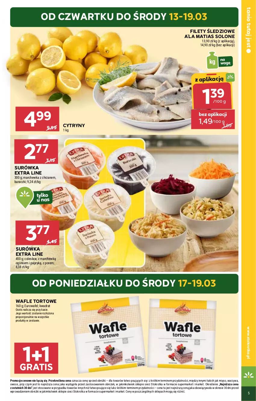 Gazetka promocyjna Stokrotka - Supermarket - ważna 13.03 do 19.03.2025 - strona 5 - produkty: Buraczki, Chrzan, Cytryny, Gra, Marchewka, Mięso, Owoce, Por, Surówka, Wafle, Wafle tortowe, Warzywa