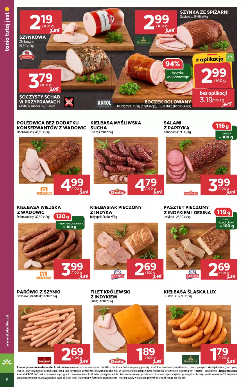 Gazetka promocyjna Stokrotka - Supermarket - ważna 13.03 do 19.03.2025 - strona 8 - produkty: Basia, Boczek, Kiełbasa, Kiełbasa śląska, Kiełbasa wiejska, Królewski, Mięso, NOWAK, Owoce, Parówki, Parówki z szynki, Pasztet, Piec, Polędwica, Salami, Salami z papryką, Ser, Sok, Sokołów, Szynka, Warzywa