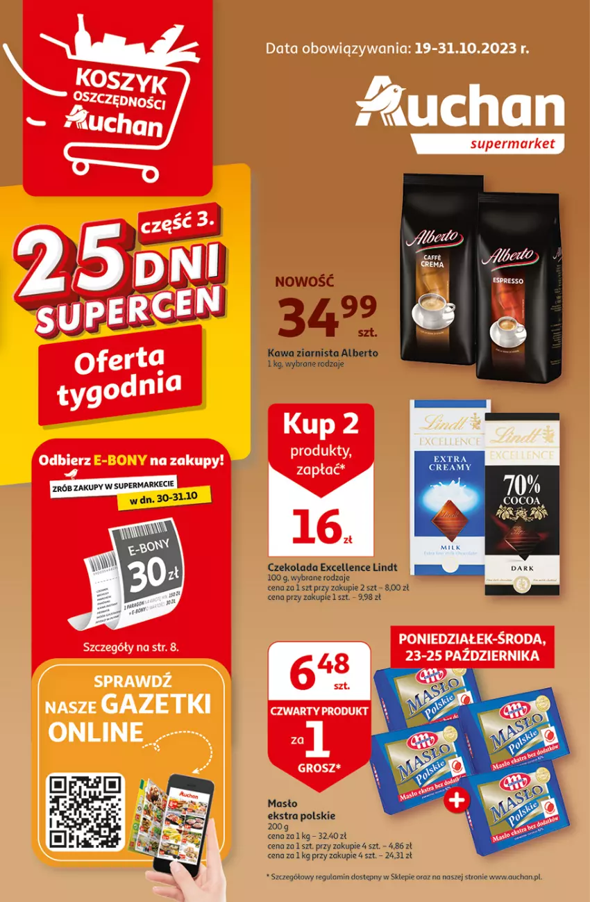 Gazetka promocyjna Auchan - Gazetka 25 DNI SUPERCEN Supermarket Auchan - ważna 19.10 do 31.10.2023 - strona 1 - produkty: Czekolada, Kawa, Kawa ziarnista, Lindt, Masło