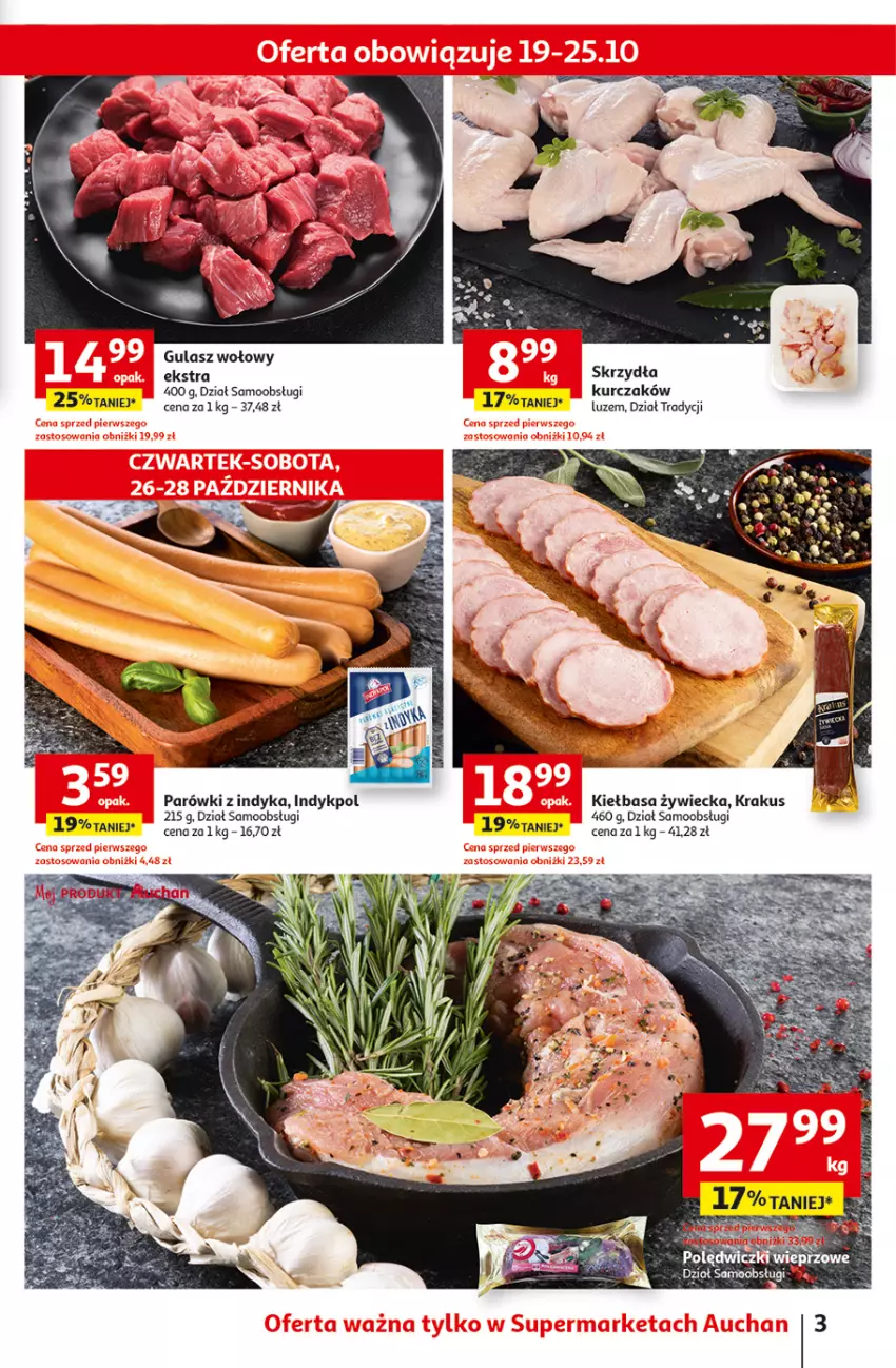 Gazetka promocyjna Auchan - Gazetka 25 DNI SUPERCEN Supermarket Auchan - ważna 19.10 do 31.10.2023 - strona 3 - produkty: Gulasz wołowy, Kiełbasa, Krakus, Kurczak, Parówki, Parówki z indyka