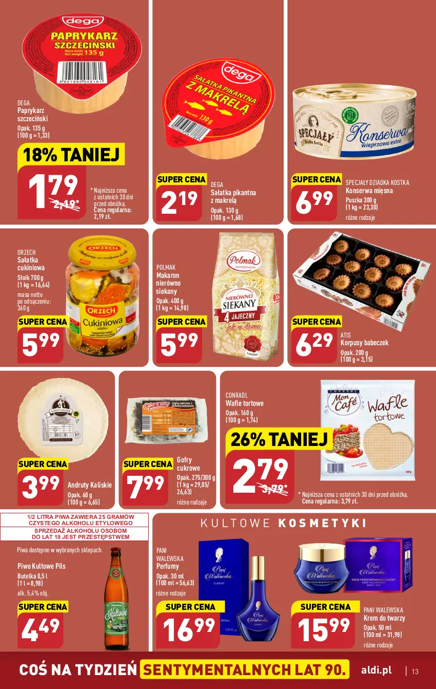 Gazetka promocyjna Aldi - Pełen katalog - ważna 29.05 do 03.06.2023 - strona 13 - produkty: Dega, Gofry, Gra, Korpusy, Krem do twarzy, Makaron, Makrelą, Olma, Papryka, Paprykarz, Paprykarz szczeciński, Perfum, Piwa, Piwo, Sałat, Sałatka, Ser, Wafle, Wafle tortowe