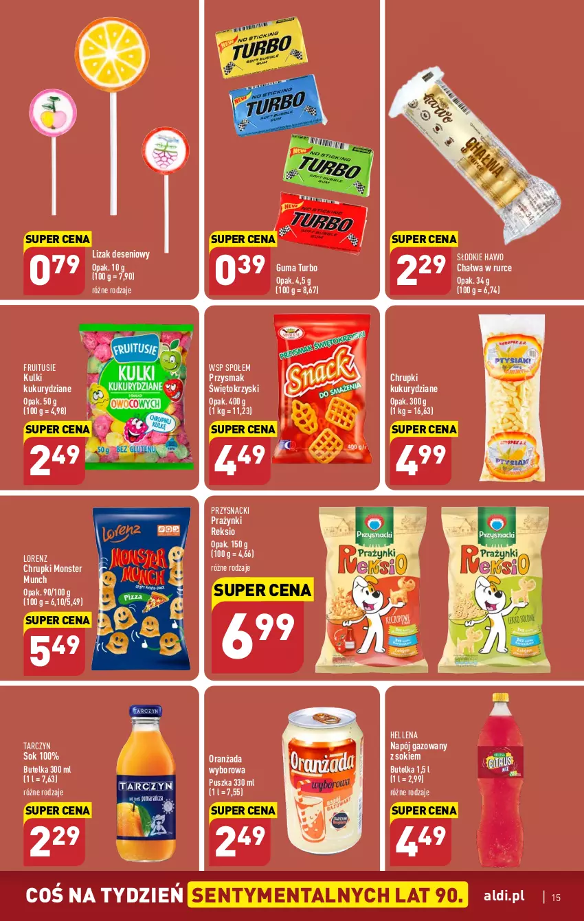 Gazetka promocyjna Aldi - Pełen katalog - ważna 29.05 do 03.06.2023 - strona 15 - produkty: Chałwa, Chrupki, Hellena, Lorenz, Monster Munch, Napój, Napój gazowany, Oranżada, Przysnacki, Sok, Wyborowa