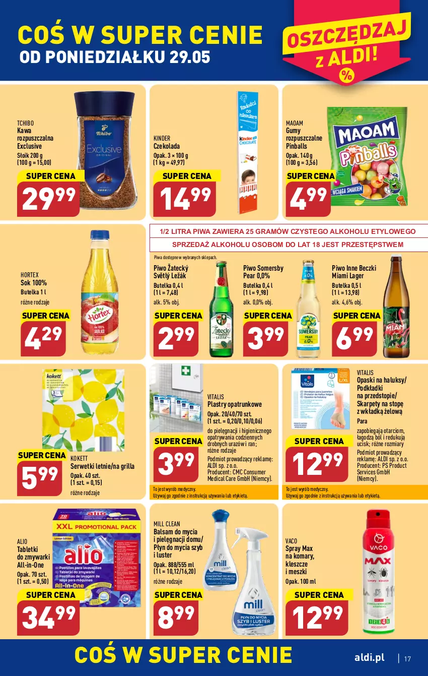 Gazetka promocyjna Aldi - Pełen katalog - ważna 29.05 do 03.06.2023 - strona 17 - produkty: Czekolada, Gra, Grill, Hortex, Karp, Kawa, Kawa rozpuszczalna, Kinder, NBA, Piwa, Piwo, Plastry opatrunkowe, Płyn do mycia, Podkład, Ser, Serwetki, Sok, Somersby, Tablet, Tabletki do zmywarki, Tchibo, Top, Zmywarki