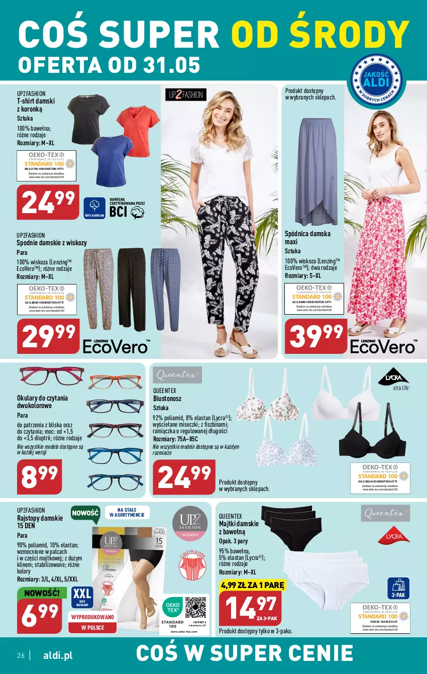 Gazetka promocyjna Aldi - Pełen katalog - ważna 29.05 do 03.06.2023 - strona 26 - produkty: Biustonosz, Fa, Majtki, Okulary do czytania, Queentex, Rajstopy, Spódnica, Spodnie, T-shirt, Top, Wełna