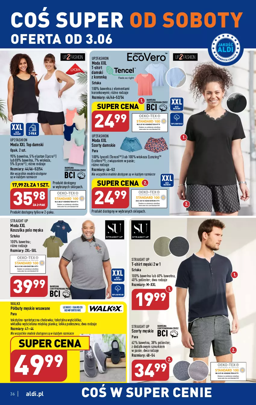 Gazetka promocyjna Aldi - Pełen katalog - ważna 29.05 do 03.06.2023 - strona 36 - produkty: Buty, Fa, Kosz, Koszulka, Moda, Półbuty, Szorty, T-shirt, Top, Wełna