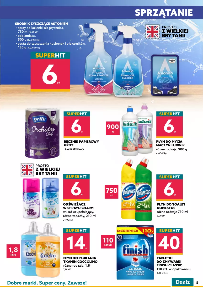 Gazetka promocyjna Dealz - WIELKIE OTWARCIE 29.04.2022Knurów, Stara Cegielnia - ważna 29.04 do 13.05.2022 - strona 5 - produkty: Aquafresh, Chusteczki, Coccolino, Do mycia naczyń, Domestos, Dove, Finish, Gillette, Klej, Kostka myjąca, Ludwik, Odplamiacz, Odżywka, Olej, Papier, Pasta do zębów, Pianka do golenia, Piekarnik, Płyn do mycia, Płyn do mycia naczyń, Płyn do płukania, Ręcznik, Sprzątanie, Szampon, Sztuczne rzęsy, Tablet, Tabletki do zmywarki, Zmywarki