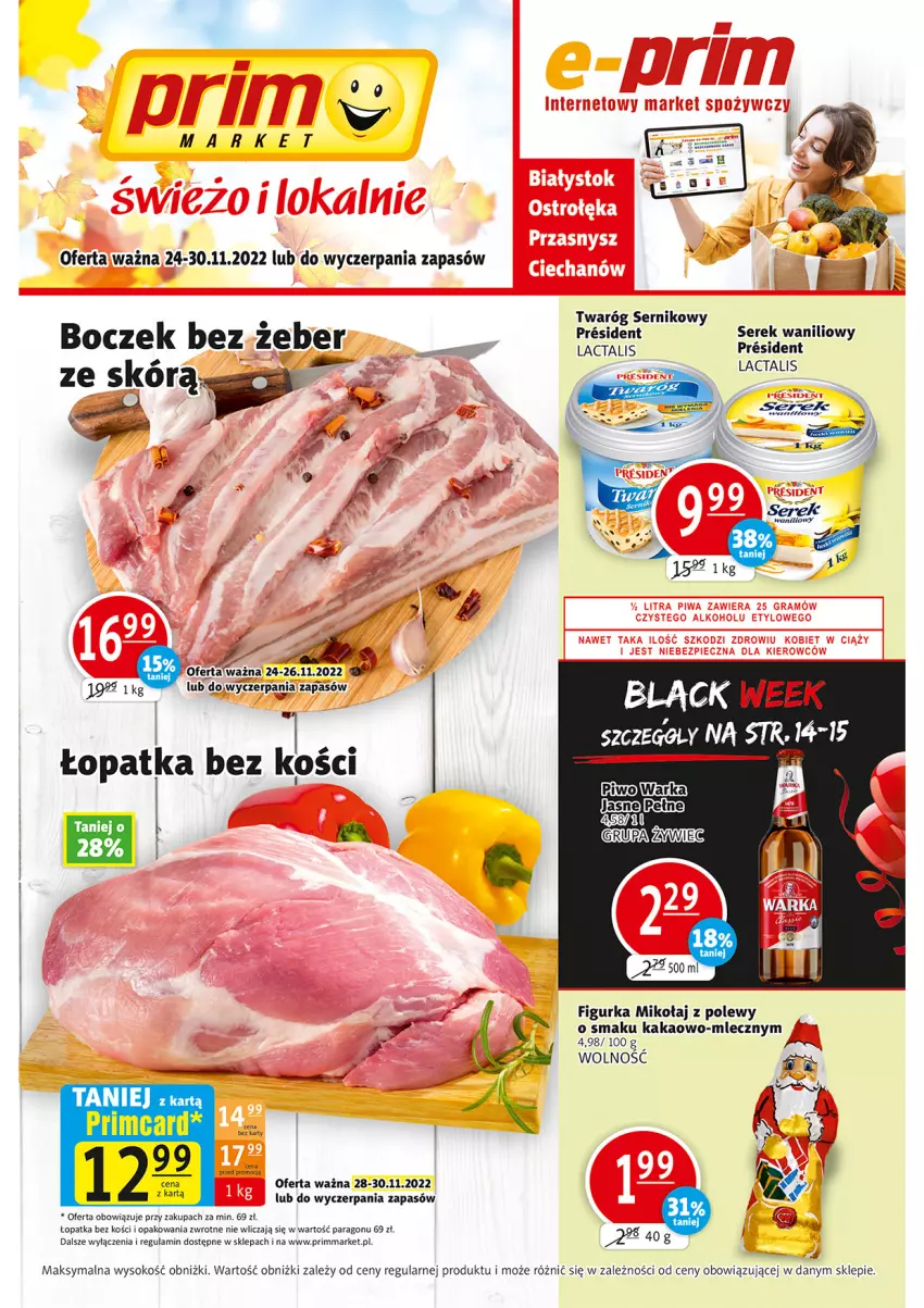 Gazetka promocyjna Prim Market - ważna 24.11 do 30.11.2022 - strona 1 - produkty: Boczek, Kakao, Miecz, Ser, Serek, Sok, Twaróg, Warka