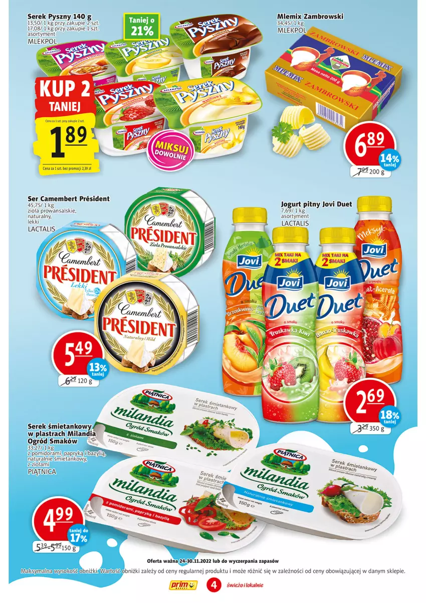 Gazetka promocyjna Prim Market - ważna 24.11 do 30.11.2022 - strona 4 - produkty: Camembert, Jogurt, Jogurt pitny, Mlemix Zambrowski, Ogród, Piątnica, Ser, Serek, Sok