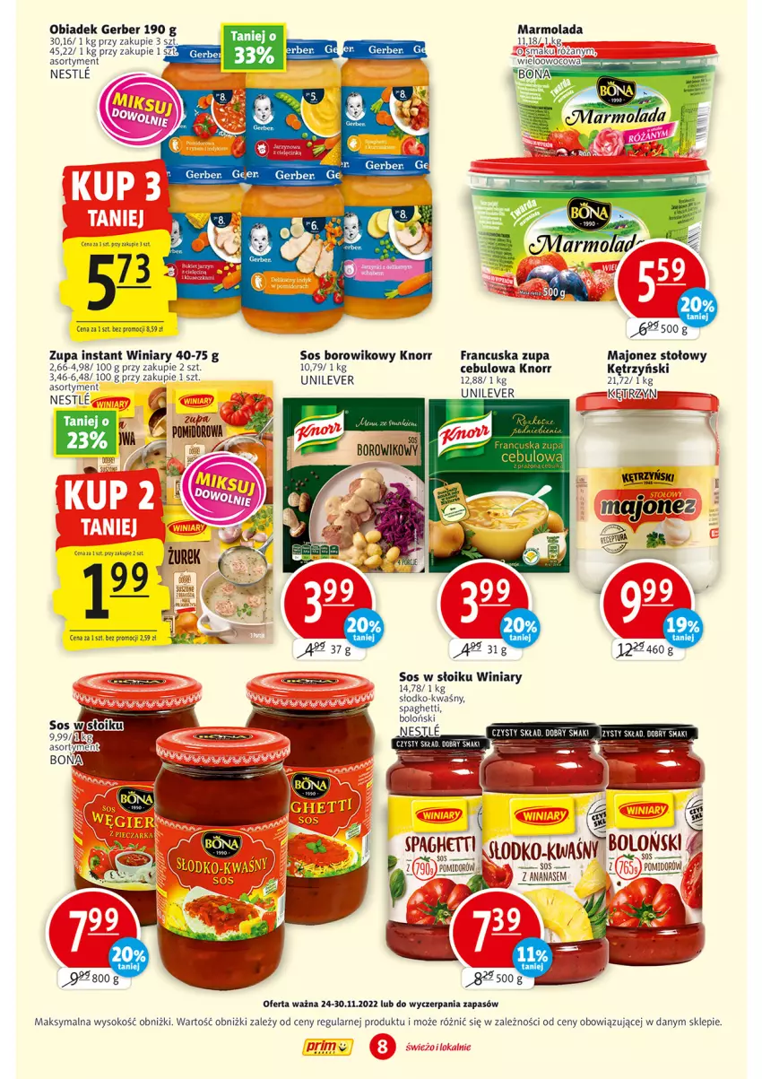 Gazetka promocyjna Prim Market - ważna 24.11 do 30.11.2022 - strona 8 - produkty: Gerber, Knorr, Majonez, Marmolada, Mola, Piec, Por, Róża, Sok, Sos, Spaghetti, Wiko, Winiary, Zupa