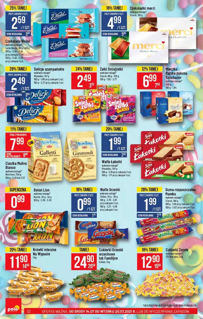 Gazetka promocyjna PoloMarket - Gazetka pomocyjna - ważna 14.07 do 20.07.2021 - strona 22 - produkty: Baton, Ciastka, Cukier, Cukierki, Delicje, Fa, Grześki, Guma rozpuszczalna, Krówki mleczne, Lion, Mamba, Wafle