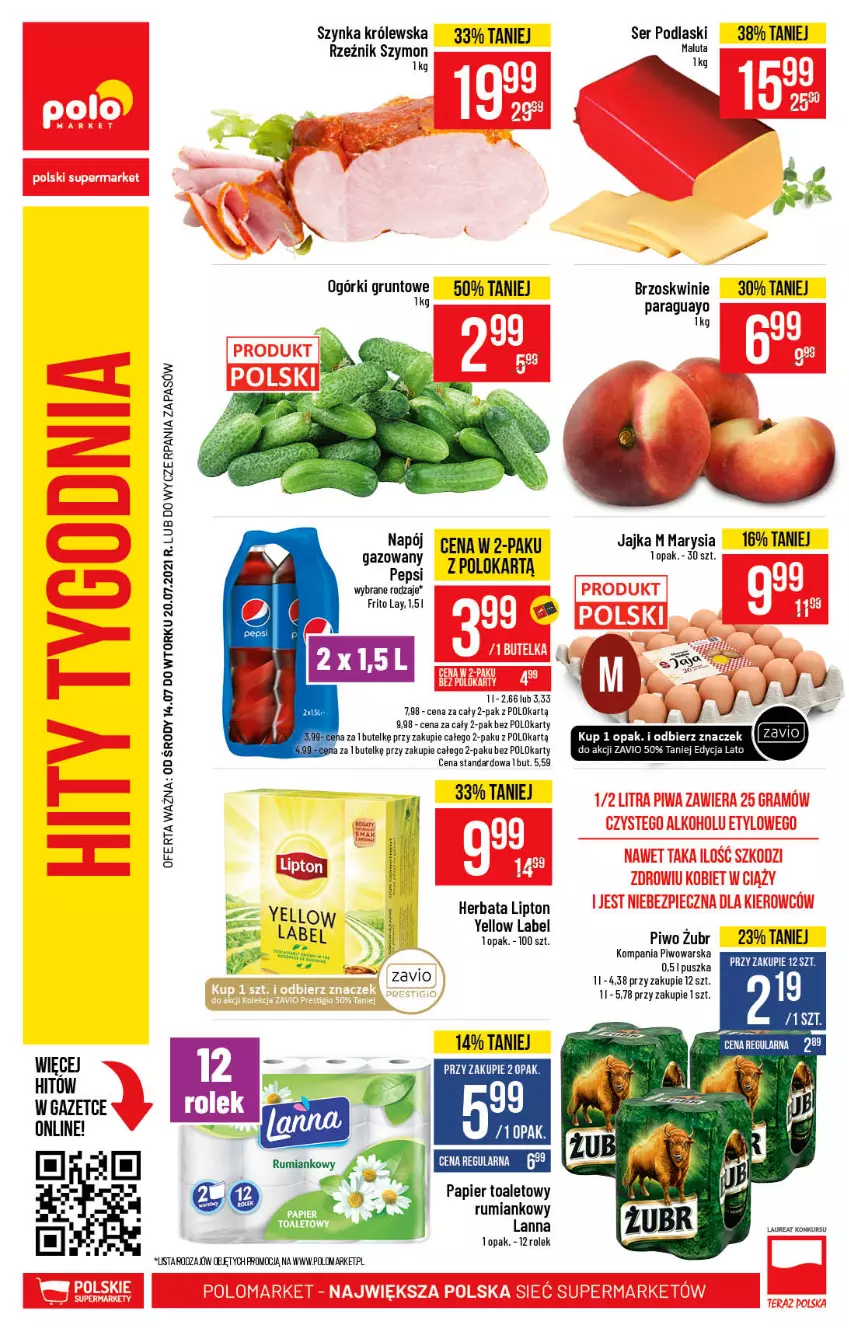 Gazetka promocyjna PoloMarket - Gazetka pomocyjna - ważna 14.07 do 20.07.2021 - strona 56 - produkty: Brzoskwinie, Herbata, Koc, Laur, Lipton, Napój, Papier, Papier toaletowy, Pepsi, Piwo, Podlaski, Rum, Ser, Szynka, Szynka Królewska