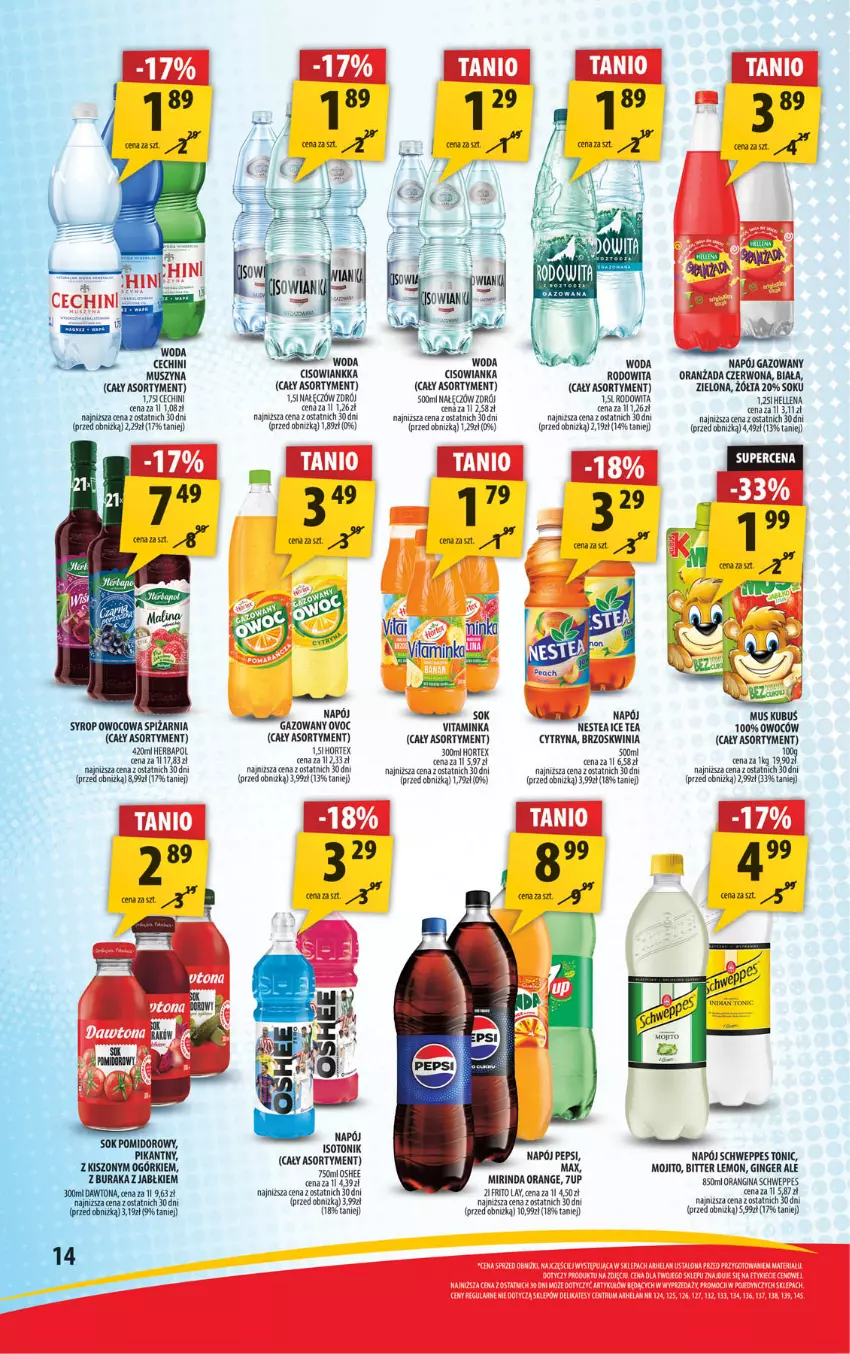 Gazetka promocyjna Arhelan - Gazetka - ważna 15.11 do 24.11.2024 - strona 14 - produkty: 7up, Cisowianka, Dawtona, Gin, Hellena, Herbapol, Hortex, Ice tea, Inka, Kubuś, Mirinda, Mus, Napój, Napój gazowany, Nestea, Oranżada, Pepsi, Schweppes, Sok, Syrop, Szyna, Tonik, Woda