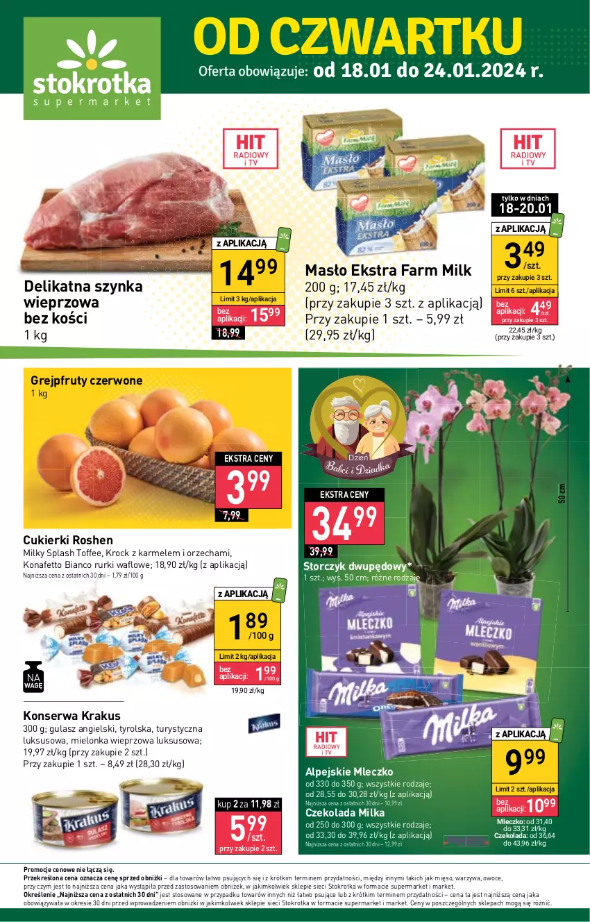 Gazetka promocyjna Stokrotka - Supermarket - ważna 18.01 do 24.01.2024 - strona 1 - produkty: Cukier, Cukierki, Czekolada, Fa, Farm Milk, Grejpfrut, Krakus, Masło, Mięso, Milka, Mleczko, Owoce, Rurki, Ser, Storczyk, Szynka, Szynka wieprzowa, Warzywa