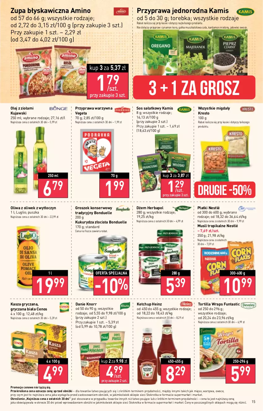 Gazetka promocyjna Stokrotka - Supermarket - ważna 18.01 do 24.01.2024 - strona 15 - produkty: Bonduelle, Cenos, Dżem, Gałka, Groszek, Gry, Heinz, Herbapol, Kamis, Kasza, Kasza gryczana, Ketchup, Knorr, Kujawski, Kukurydza, Mięso, Migdały, Mus, Nestlé, Olej, Oliwa z oliwek, Owoce, Sałat, Ser, Sos, Torebka, Tortilla, Vegeta, Warzywa, Zupa