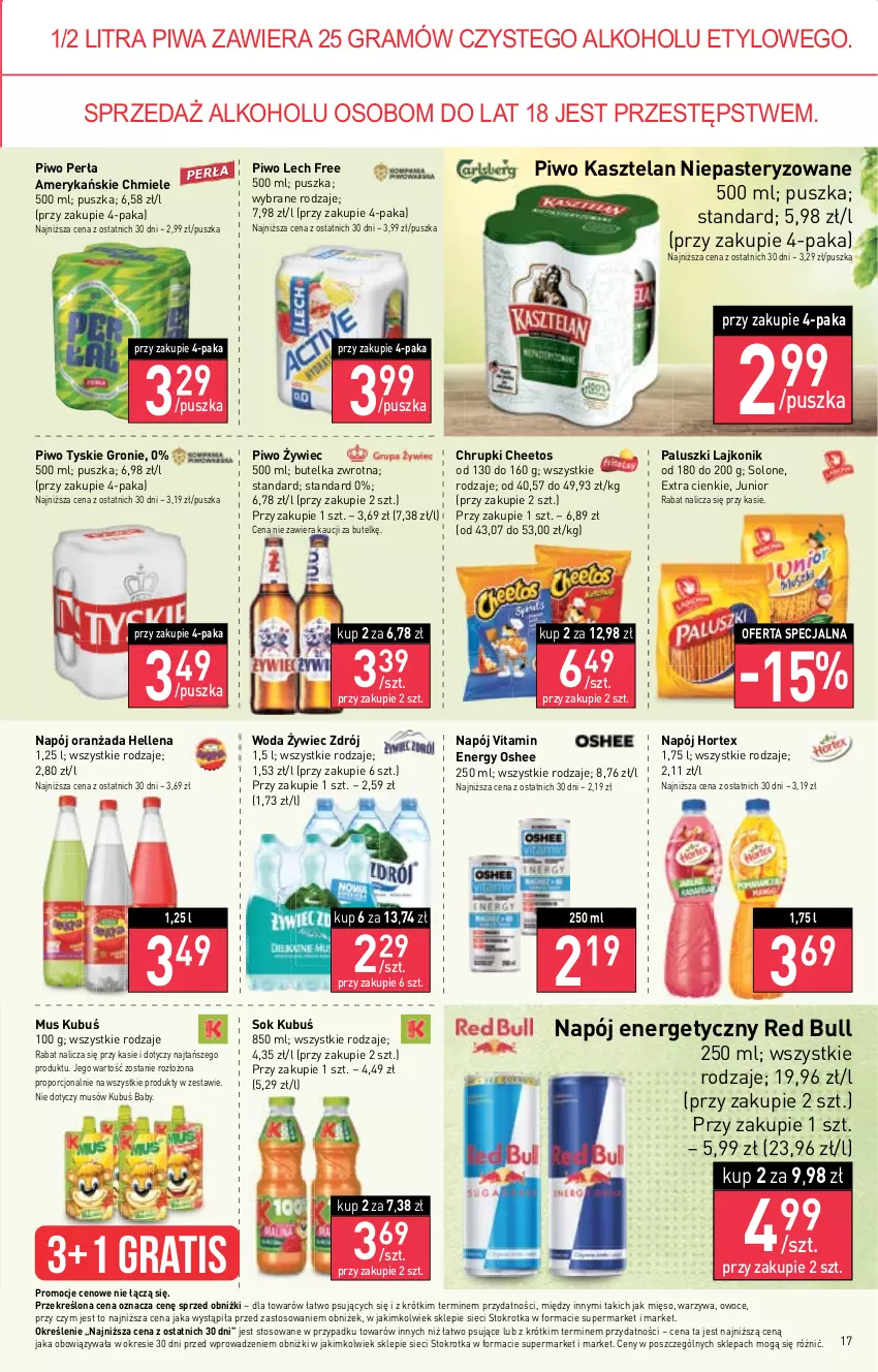 Gazetka promocyjna Stokrotka - Supermarket - ważna 18.01 do 24.01.2024 - strona 17 - produkty: Cheetos, Chrupki, Gra, Hellena, Hortex, Kasztelan, Kubuś, Lajkonik, Mięso, Mus, Napój, Napój energetyczny, Oranżada, Oshee, Owoce, Perła, Piwa, Piwo, Por, Red Bull, Sok, Tyskie, Warzywa, Woda