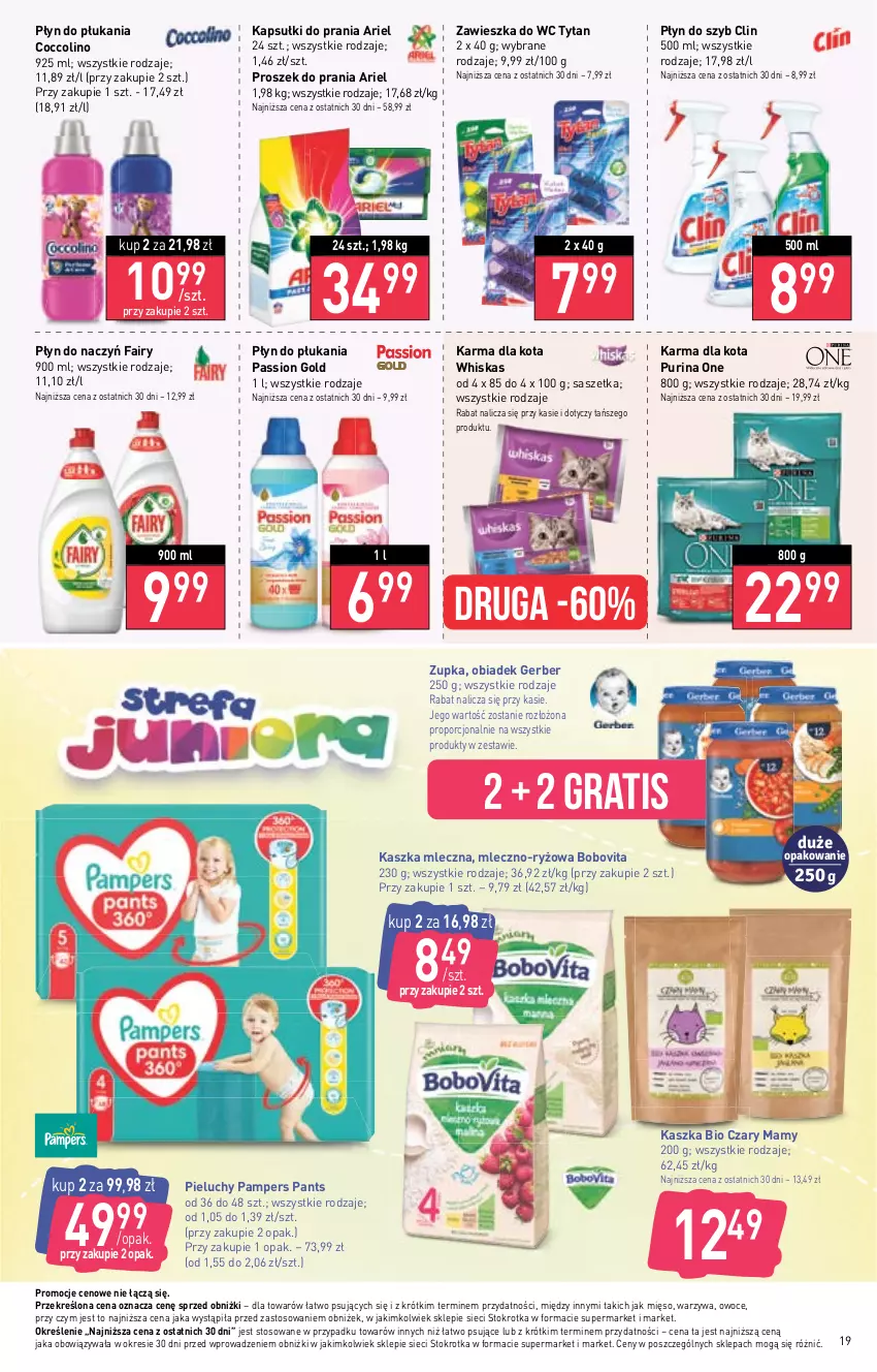 Gazetka promocyjna Stokrotka - Supermarket - ważna 18.01 do 24.01.2024 - strona 19 - produkty: Ariel, BoboVita, Clin, Coccolino, Fa, Fairy, Gerber, Gra, Kapsułki do prania, Mięso, Owoce, Pampers, Pieluchy, Płyn do płukania, Płyn do szyb, Por, Proszek do prania, Pur, Purina, Ryż, Tytan, Warzywa, Whiskas, Zawieszka do wc