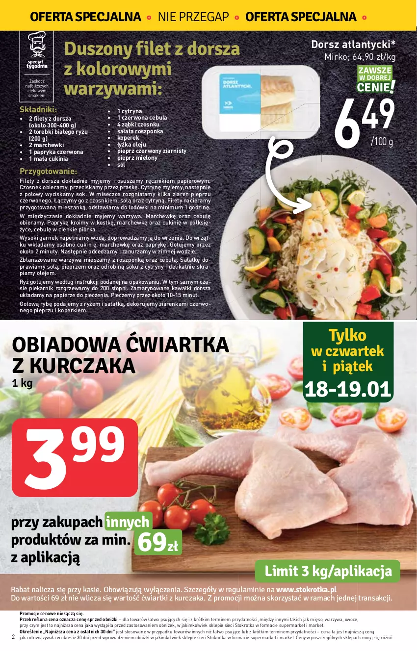 Gazetka promocyjna Stokrotka - Supermarket - ważna 18.01 do 24.01.2024 - strona 2 - produkty: Cebula, Cytryny, Czosnek, Dorsz, Garnek, Kawa, Kurczak, Mięso, Nuty, Olej, Owoce, Papier, Papryka, Papryka czerwona, Piec, Piekarnik, Pieprz, Rama, Ręcznik, Roszponka, Ryż, Sałat, Sok, Sól, Top, Tran, Warzywa