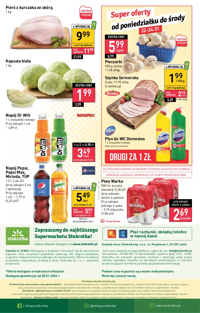 Gazetka promocyjna Stokrotka - Supermarket - ważna 18.01 do 24.01.2024 - strona 21 - produkty: 7up, Domestos, Dres, Duda, Fa, Gra, JBL, Kurczak, Mięso, Mirinda, Napój, O nas, Owoce, Pepsi, Pepsi max, Piec, Piwa, Piwo, Płyn do wc, Szynka, Szynka farmerska, Telefon, Wagi, Warka, Warzywa