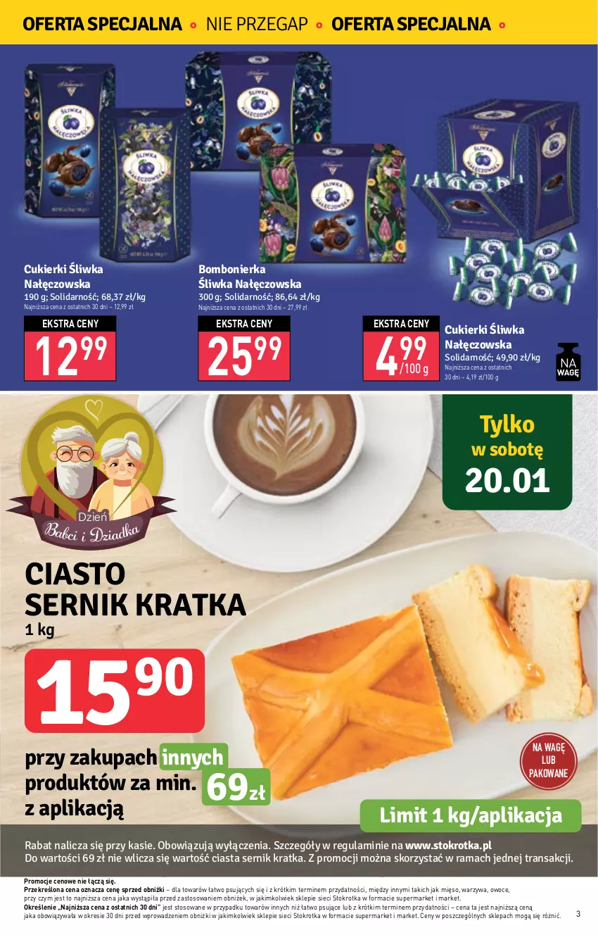 Gazetka promocyjna Stokrotka - Supermarket - ważna 18.01 do 24.01.2024 - strona 3 - produkty: Ciasto sernik, Cukier, Cukierki, Mięso, Owoce, Rama, Ser, Tran, Warzywa