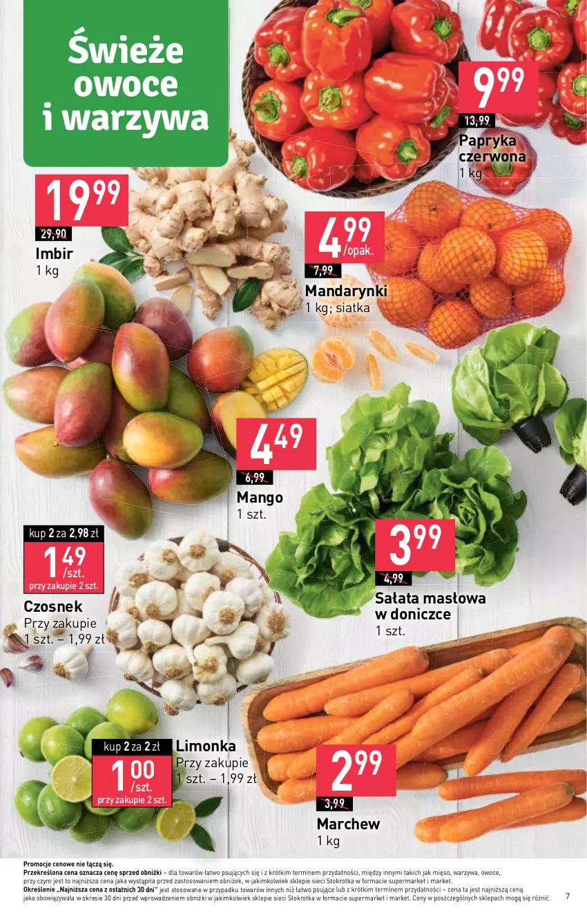 Gazetka promocyjna Stokrotka - Supermarket - ważna 18.01 do 24.01.2024 - strona 7 - produkty: Czosnek, Imbir, Limonka, Mandarynki, Mango, Masło, Mięso, Owoce, Papryka, Papryka czerwona, Sałat, Sałata masłowa, Siatka, Warzywa