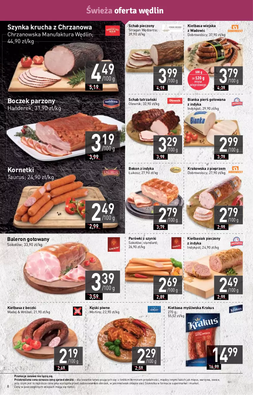 Gazetka promocyjna Stokrotka - Supermarket - ważna 18.01 do 24.01.2024 - strona 8 - produkty: Basia, Beko, Bianka, Boczek, Chrzan, Fa, Kęski piwne, Kiełbasa, Kiełbasa wiejska, Kosz, Krakus, Mięso, Morliny, Olewnik, Owoce, Parówki, Parówki z szynki, Piec, Pieprz, Schab pieczony, Sok, Sokołów, Szynka, Warzywa