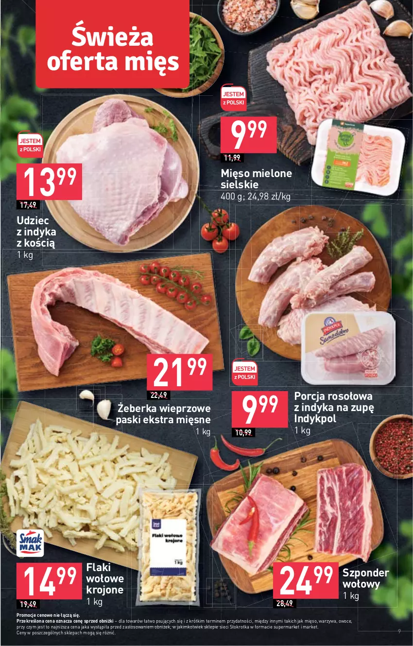 Gazetka promocyjna Stokrotka - Supermarket - ważna 18.01 do 24.01.2024 - strona 9 - produkty: Flaki, Flaki wołowe, Mięso, Mięso mielone, Owoce, Por, Szponder wołowy, Udziec z indyka, Warzywa