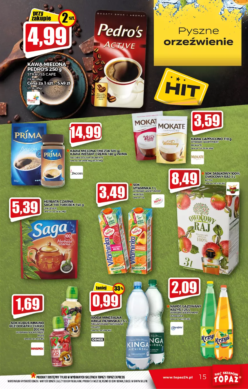 Gazetka promocyjna Topaz - Gazetka - ważna 28.10 do 03.11.2021 - strona 15 - produkty: Cappuccino, Hortex, Jacobs, Kawa, Oshee, Saga, Sok, Top, Woda, Woda mineralna