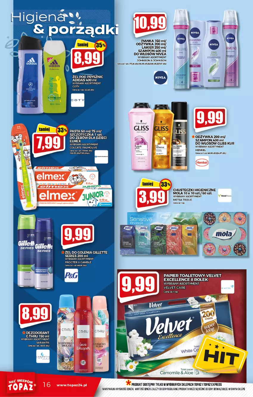 Gazetka promocyjna Topaz - Gazetka - ważna 28.10 do 03.11.2021 - strona 16 - produkty: Adidas, Chusteczki, Colgate, Dezodorant, Dzieci, Elmex, Gillette, Gliss Kur, Lakier, LG, Mola, Nivea, Odżywka, Palmolive, Por, Ser, Sok, Szampon, Top