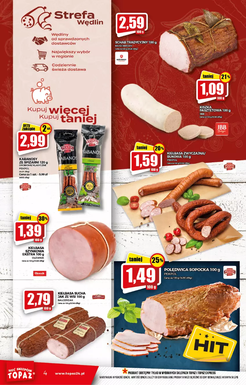 Gazetka promocyjna Topaz - Gazetka - ważna 28.10 do 03.11.2021 - strona 4 - produkty: Fa, Kiełbasa, Pekpol, Polędwica, Sok, Top