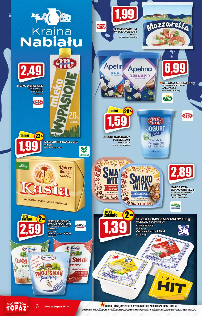 Gazetka promocyjna Topaz - Gazetka - ważna 28.10 do 03.11.2021 - strona 6 - produkty: AEG, Jogurt, Jogurt naturalny, Kasia, Margaryna, Mleko, Mlekovita, Ser, Serek, Serek homogenizowany, Smakowita, Sok, Top