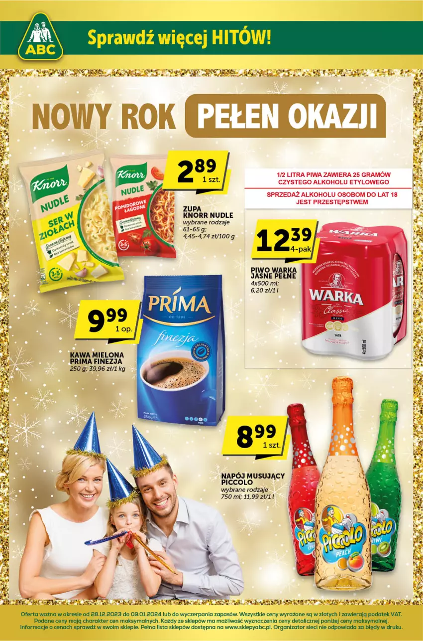 Gazetka promocyjna ABC - ważna 28.12.2023 do 09.01.2024 - strona 1 - produkty: Fa, Kawa, Kawa mielona, Knorr, Napój, Piwo, Por, Prima, Warka, Zupa