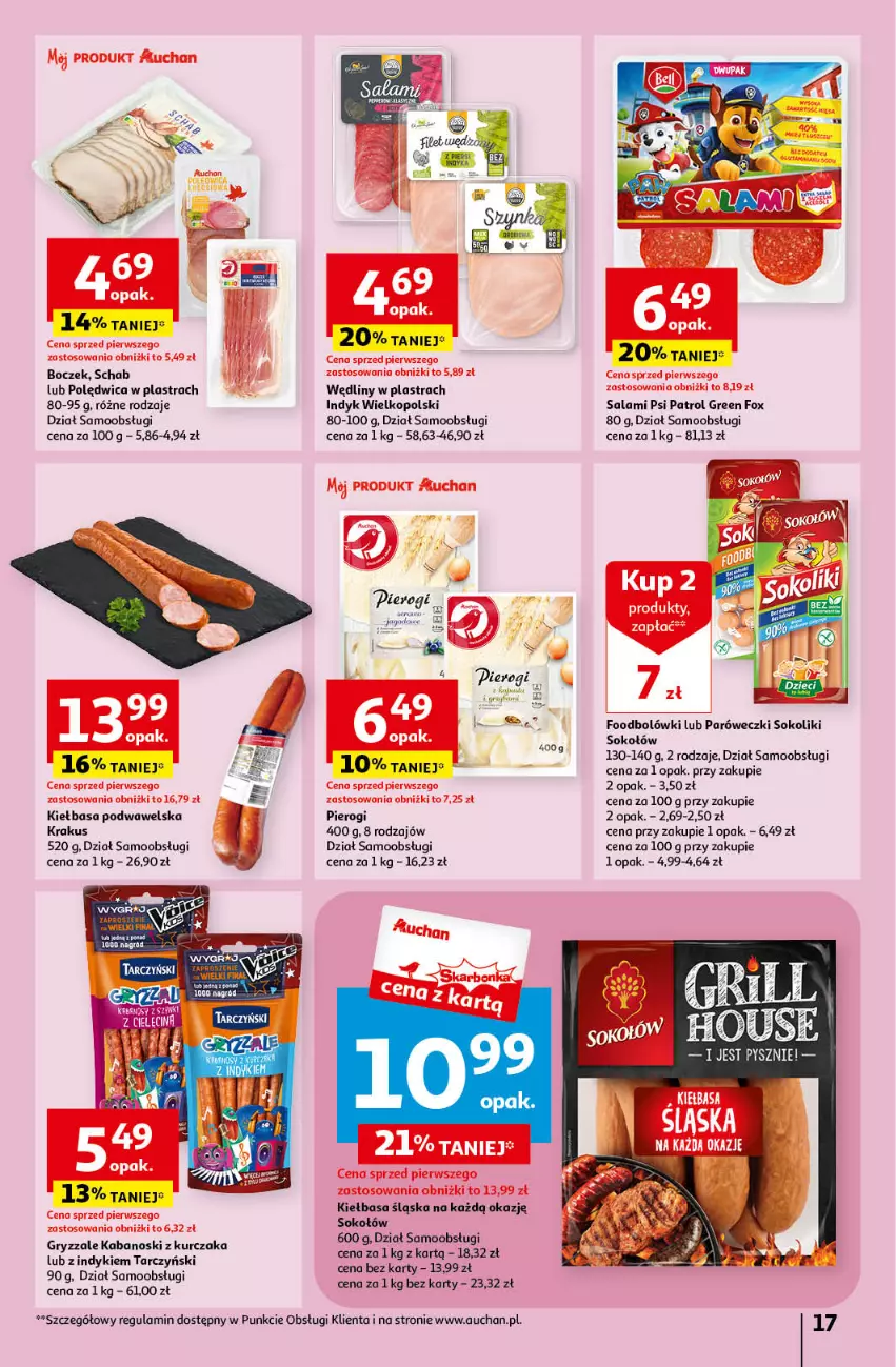 Gazetka promocyjna Auchan - Gazetka Świętuj Dzień Matki i Dzień Dziecka Hipermarket Auchan - ważna 23.05 do 29.05.2024 - strona 17 - produkty: Boczek, Gry, Kabanos, Kiełbasa, Kiełbasa podwawelska, Kiełbasa śląska, Krakus, Kurczak, Pierogi, Polędwica, Psi Patrol, Salami, Sok, Sokołów, Tarczyński, Wawel