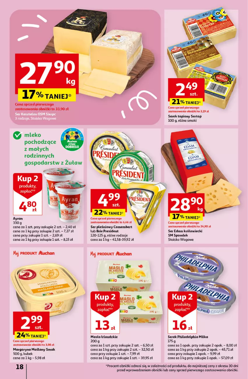 Gazetka promocyjna Auchan - Gazetka Świętuj Dzień Matki i Dzień Dziecka Hipermarket Auchan - ważna 23.05 do 29.05.2024 - strona 18 - produkty: Brie, Camembert, Edam, Kubek, Margaryna, Masło, Milka, Mleko, Philadelphia, Ser, Ser pleśniowy, Serek, Top