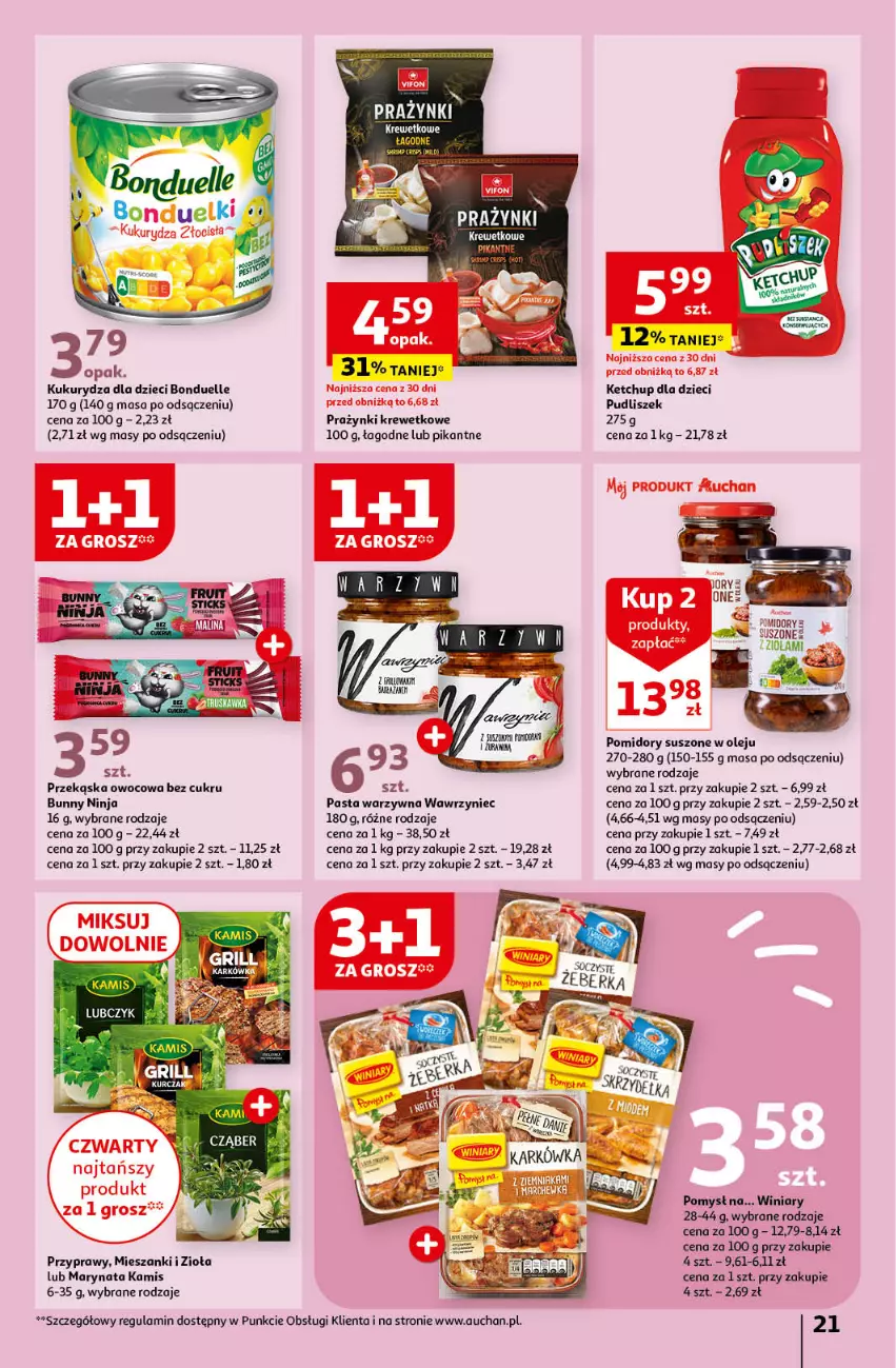 Gazetka promocyjna Auchan - Gazetka Świętuj Dzień Matki i Dzień Dziecka Hipermarket Auchan - ważna 23.05 do 29.05.2024 - strona 21 - produkty: Bonduelle, Dzieci, Kamis, Ketchup, Kukurydza, Olej, Pasta warzywna, Pomidory, Prazynki, Przyprawy, Winiary