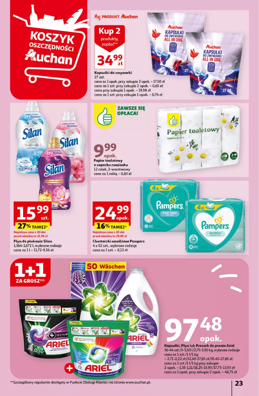 Gazetka promocyjna Auchan - Gazetka Świętuj Dzień Matki i Dzień Dziecka Hipermarket Auchan - ważna 23.05 do 29.05.2024 - strona 23 - produkty: Ariel, Chusteczki, Pampers, Papier, Papier toaletowy, Płyn do płukania, Proszek do prania, Rum, Silan, Zmywarki