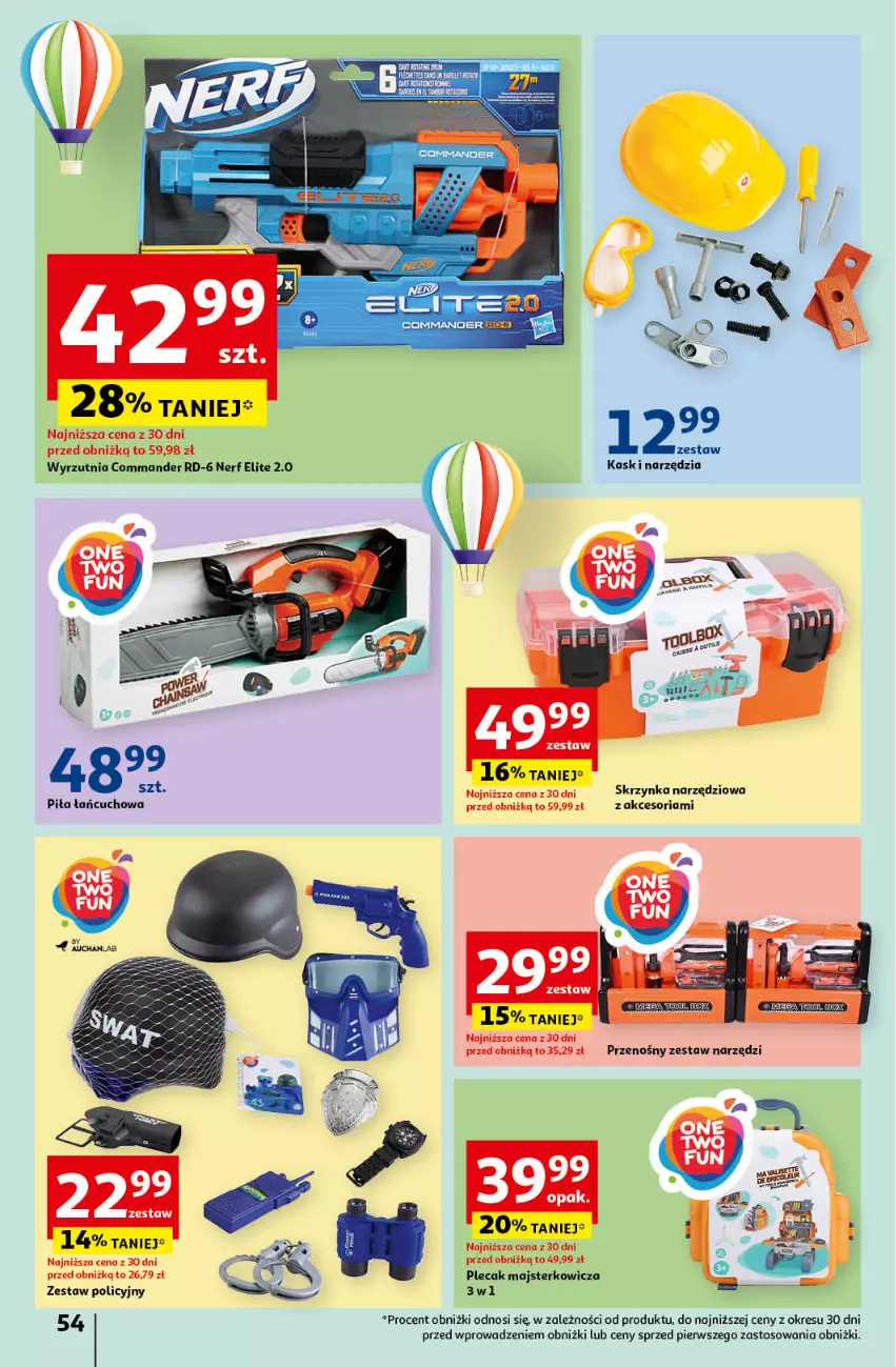 Gazetka promocyjna Auchan - Gazetka Świętuj Dzień Matki i Dzień Dziecka Hipermarket Auchan - ważna 23.05 do 29.05.2024 - strona 54 - produkty: Kask, Nerf, Plecak, Skrzynka narzędziowa, Wyrzutnia, Zestaw narzędzi