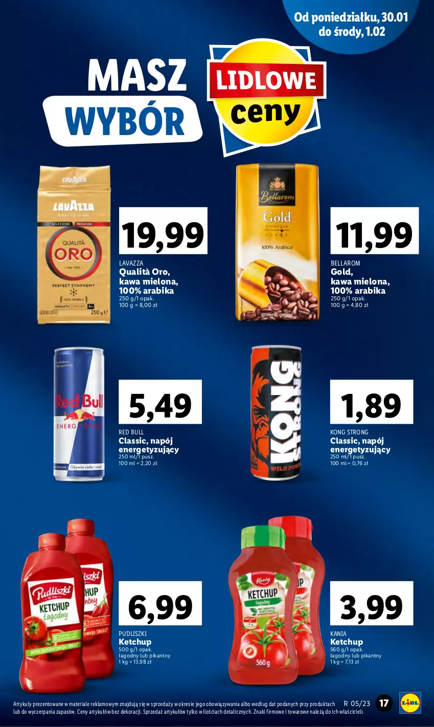 Gazetka promocyjna Lidl - GAZETKA - ważna 30.01 do 01.02.2023 - strona 21 - produkty: Bell, Bella, Kawa, Kawa mielona, Ketchup, Lavazza, Napój, Pudliszki, Red Bull